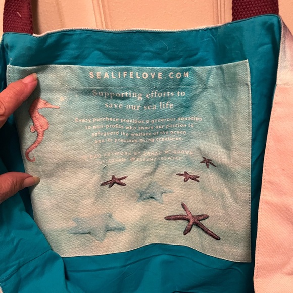 SEA LIFE LOVE Manatees Octopus Turtle Seagulls Tote Canvas Beach Bag. New. - Picture 7 of 7